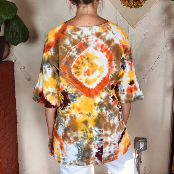 Lizard Queenz Tops - Fall Tone Custom Tie Dye Flare Sleeve Bohemian Peasant 3/4 Sleeve Top